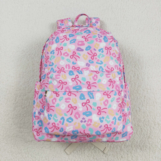 BA0319 Baby Kids Pink Leopard Bows School Zipper Ruffle Back Bags  D 8.2