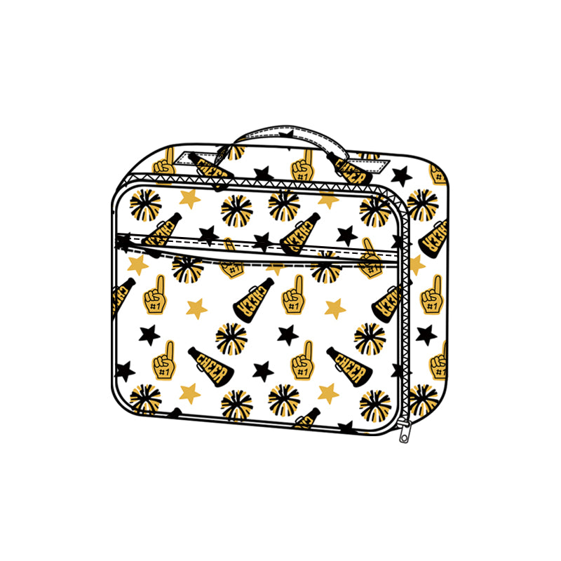 presale BA0362  Baby Kids Team Black Gold Cheer Fireworks Zipper School Lunch Boxes D 815