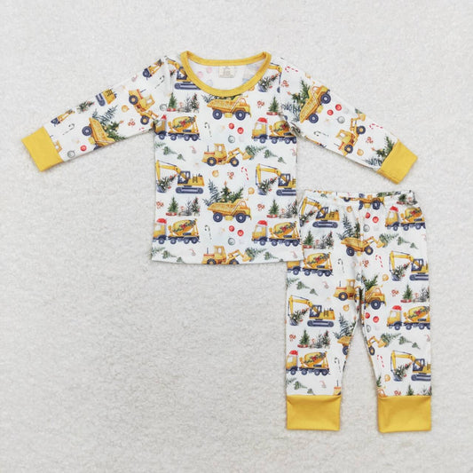 BLP0649 Christmas Tree Engineering Truck Beige Long Sleeve Long Pants Pajama Set