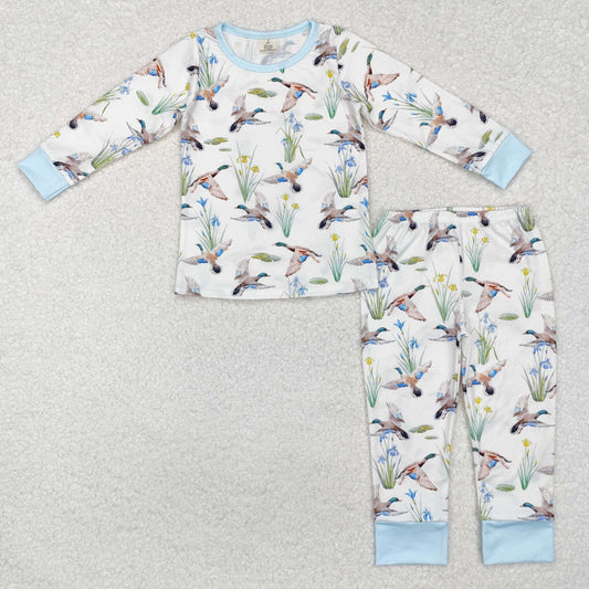 BLP1034 Bamboo Duck Floral Blue and White Long Sleeve Long Pants Pajama Set