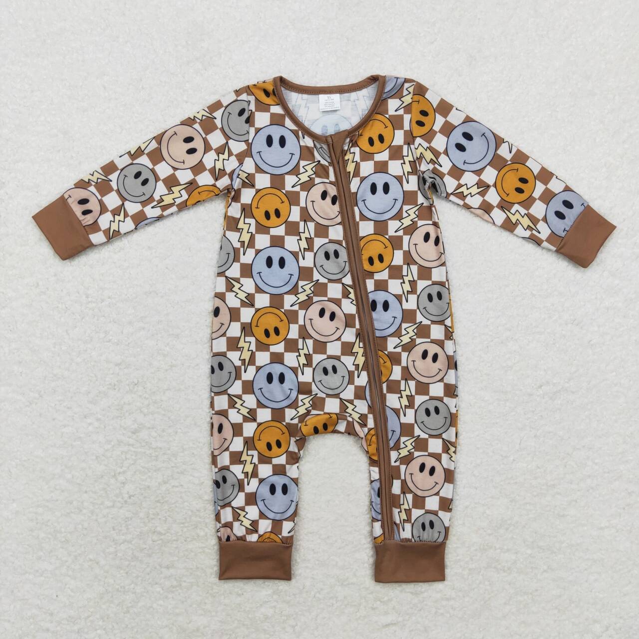 LR0961 Bamboo Lightning Brown Plaid Zip-Up Long Sleeve Bodysuit