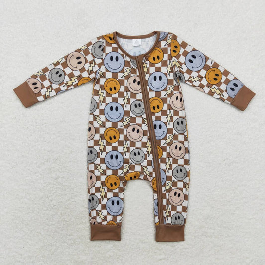 LR0961 Bamboo Lightning Brown Plaid Zip-Up Long Sleeve Bodysuit