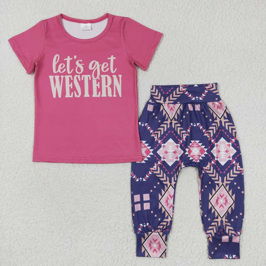 GSPO0727 let's get western letter pink short sleeve aztec pattern trousers suit