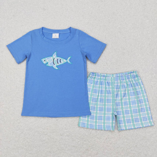 BSSO0284 Embroidered green, white and blue plaid short-sleeved shorts suit