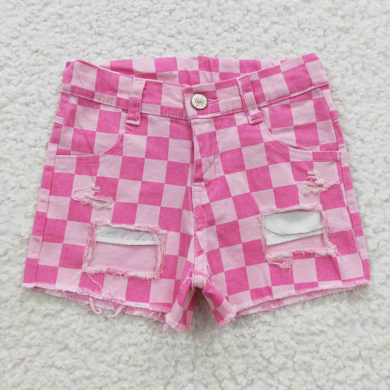 SS0092 Pink Check Denim Shorts