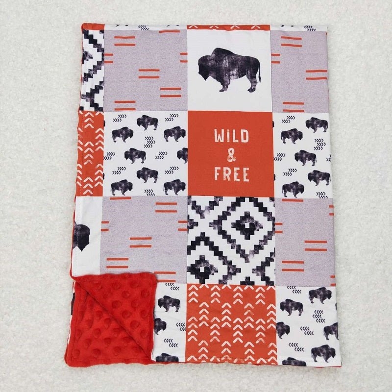 BL0072 Bull Letter Geometric Pattern Orange Gray Plaid Baby Blanket