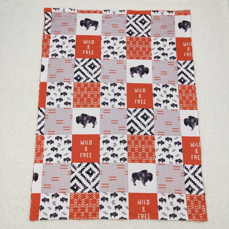 BL0072 Bull Letter Geometric Pattern Orange Gray Plaid Baby Blanket