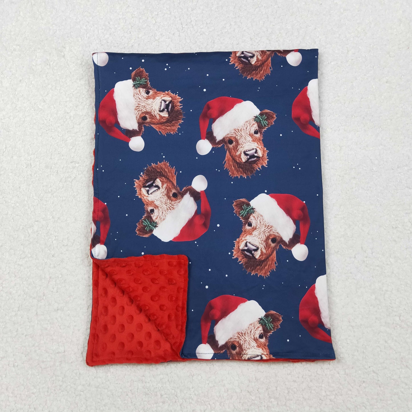 BL0088  Baby Kids Christmas Western Highland Cows Hats Minky Blankets D 1021