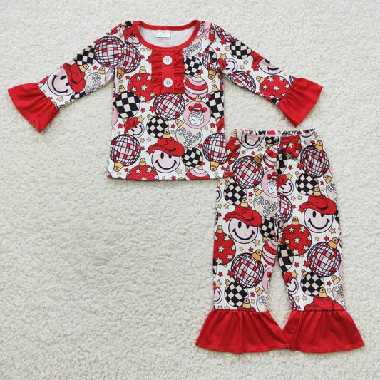 GLP0459 Santa Smiley Ball Red Lace Long Sleeve Pants Set