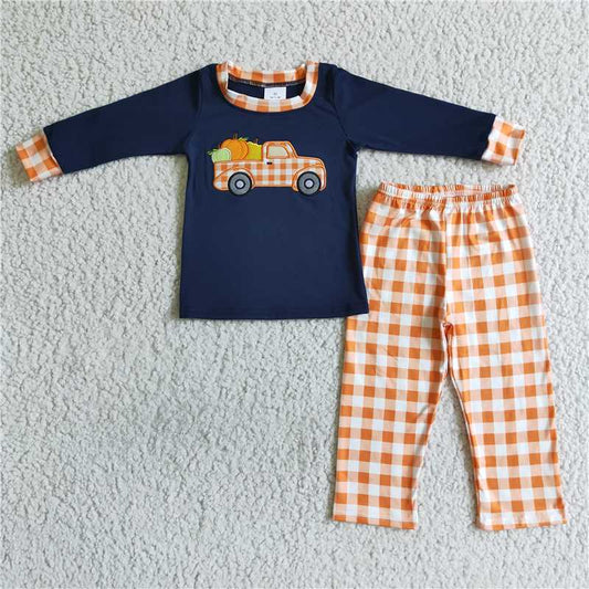 BLP0002 Autumn Orange Plaid Embroidered Pumpkin Car Long Sleeve Pants Suit