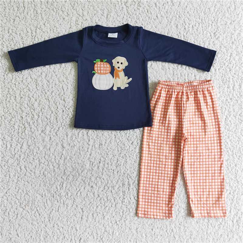 BLP0038 Boys Embroidered Puppy Pumpkin Long Sleeve Pants Suit