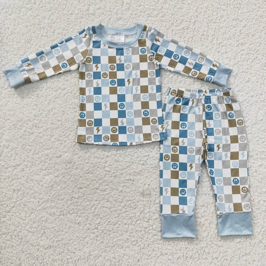 BLP0171 Smile Lightning Plaid Blue Long Sleeve Trouser Set