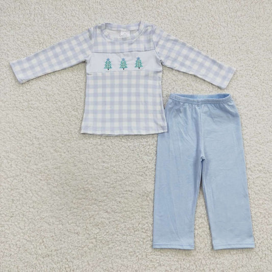 BLP0178 Embroidered Christmas Tree Plaid Blue Long Sleeve Trouser Set D 1101