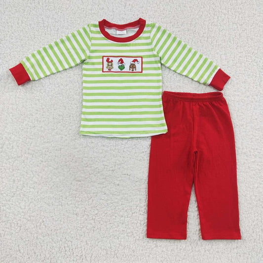 BLP0199 Christmas Embroidery Cartoon Dog Girl Green Stripe Long Sleeve Red Trousers Suit