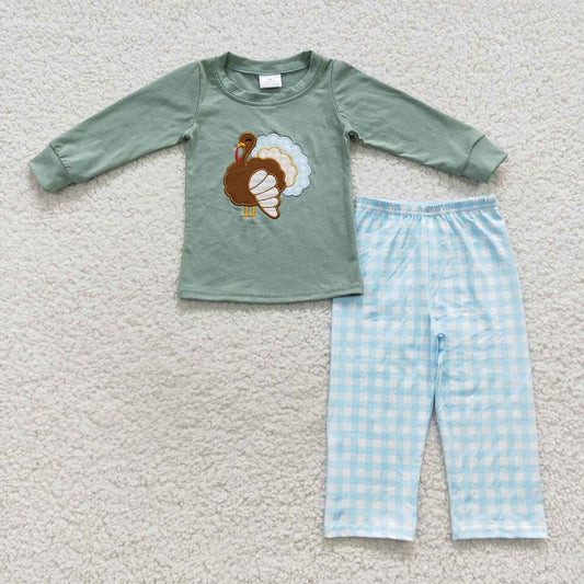 BLP0214 Embroidered Turkey Light Green Long Sleeve Light Blue Plaid Trouser Set