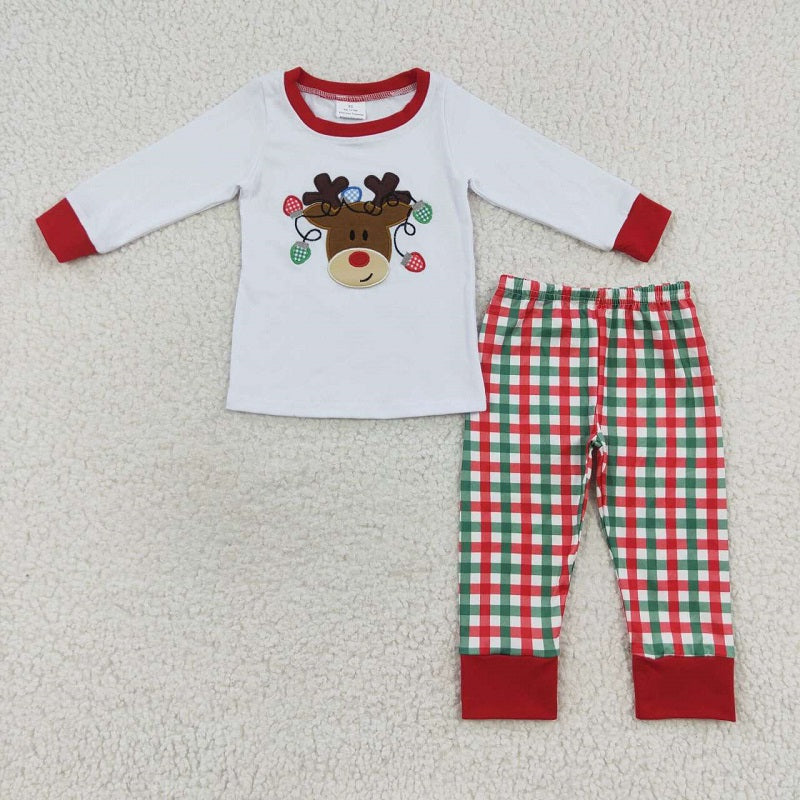 BLP0218 Embroidered lantern fawn white long-sleeved red and green plaid trouser suit