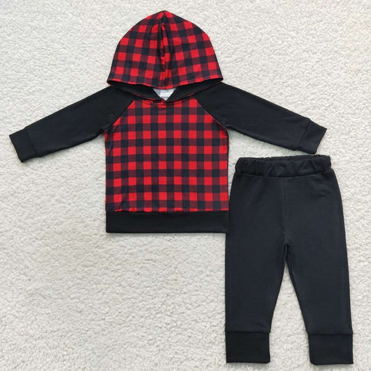 BLP0224 Red and black plaid hooded long-sleeved trouser suit
