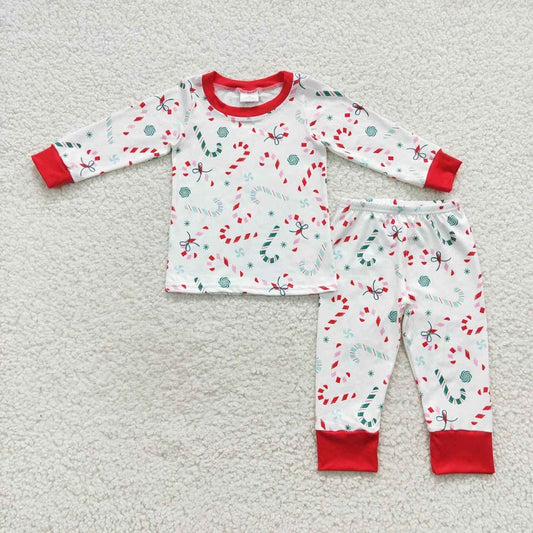 BLP0253 Candy Cane Red Trim White Long Sleeve Trouser Set
