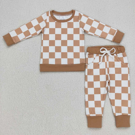 BLP0270 Khaki white plaid long sleeve trousers suit