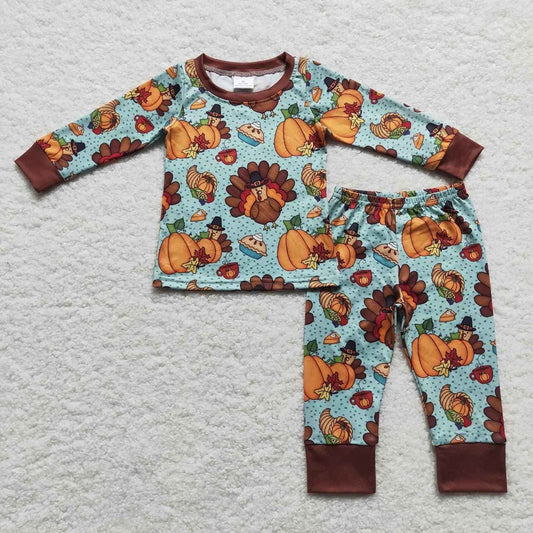 BLP0287 Pumpkin Turkey Blue Brown Long Sleeve Set