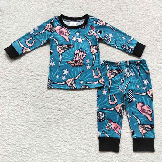 BLP0305 Hat boots stars alpine bull cactus teal long sleeves and trousers suit