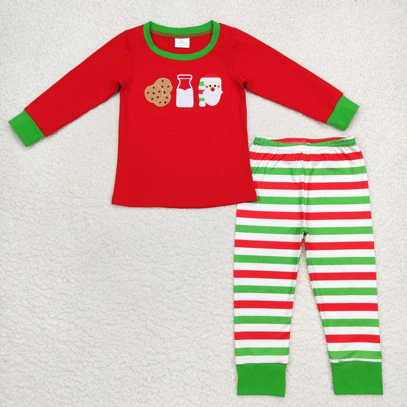 BLP0313 Embroidered biscuit milk santa long sleeved trousers suit with red, green and white stripes set