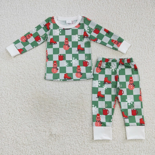 BLP0317 Snowflake Happy Face Green Plaid Long Sleeve Pants Suit