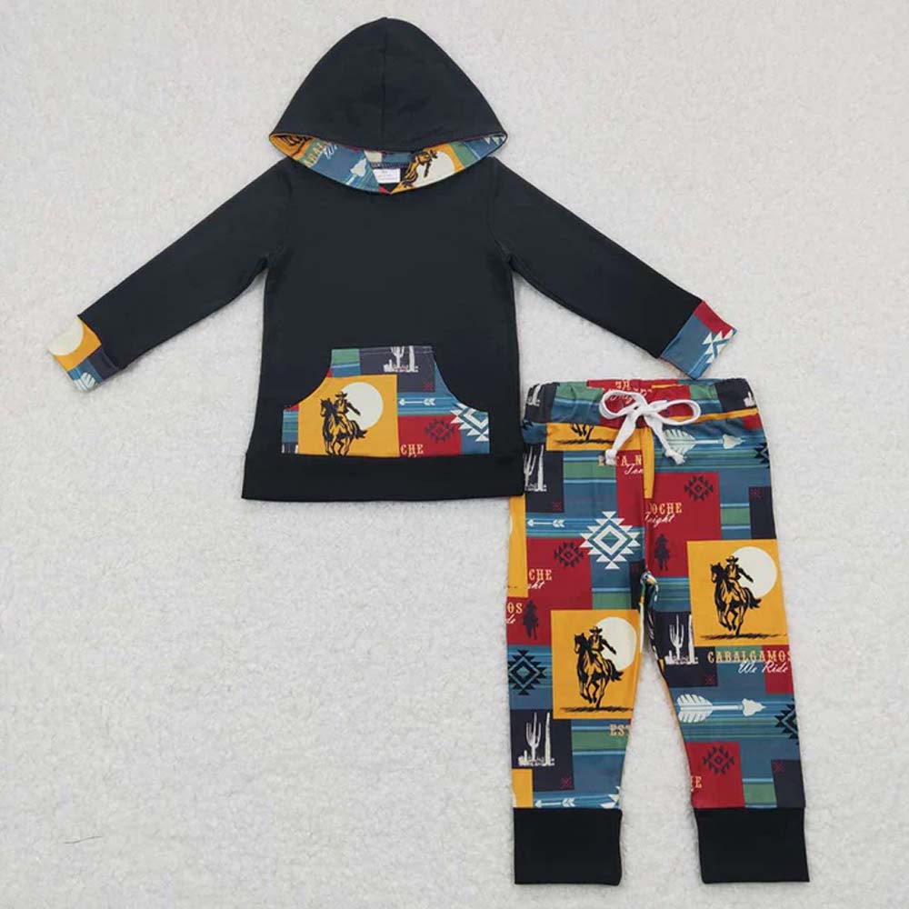 Sibling Baby Boys Western Hooded Tops Pants Clothes Sets  D 6.26