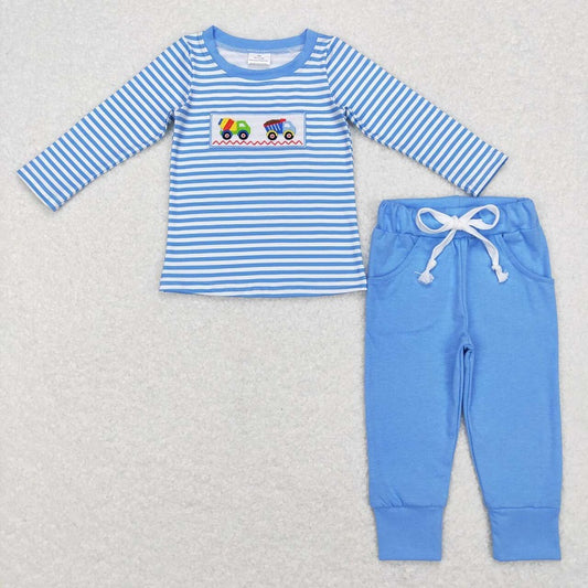 BLP0393 Embroidery mixer truck engineering vehicle blue and white striped long-sleeved trousers suit