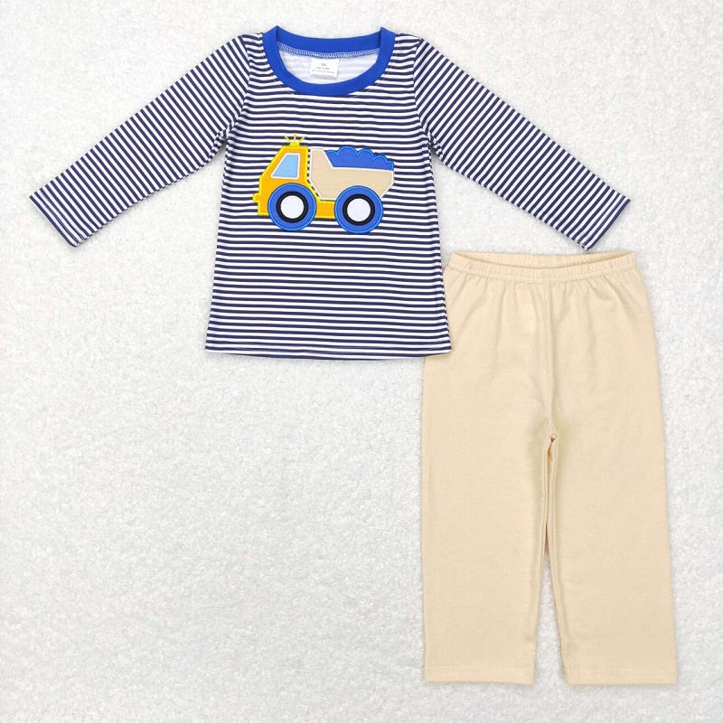 BLP0400 Embroidered engineering vehicle blue and white striped long-sleeved beige trousers suit