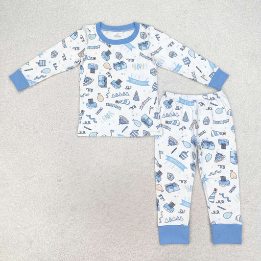 BLP0470 Birthday Cake Blue and White Long Sleeve Long Pants Pajama Set