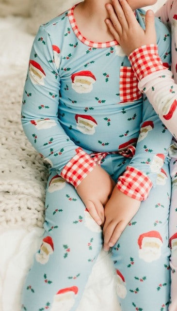 presale BLP0488 Santa red and white plaid pocket blue long-sleeved trousers pajama set