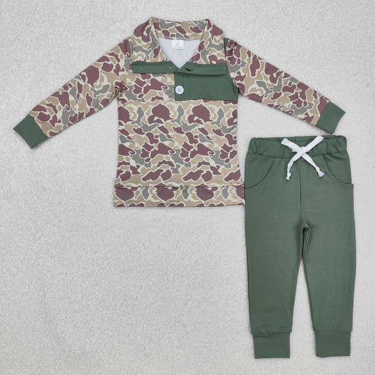 BLP0491 Camo Button Long Sleeve Army Green Pants Suit