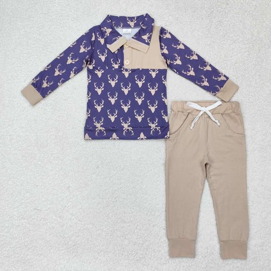 BLP0494 Antler navy blue button long sleeve beige trousers suit
