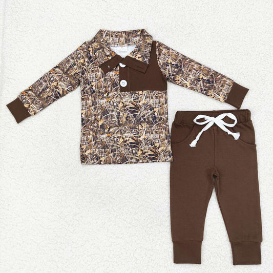 BLP0495 Leaf Camo Button Long Sleeve Brown Pants Suit