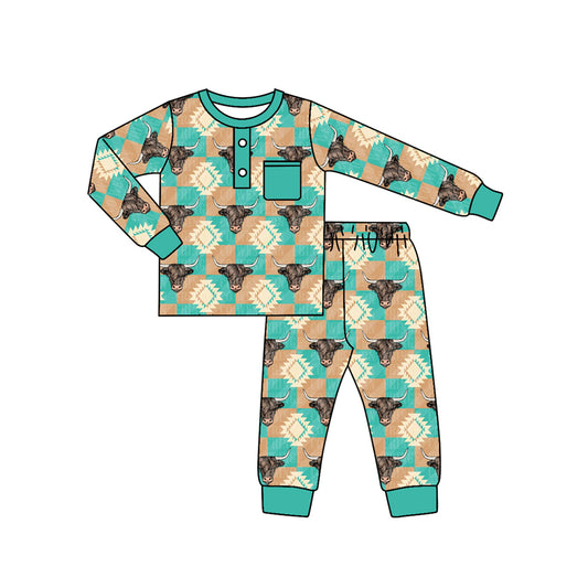 presale BLP0498 Alpine cow head geometric plaid pocket long-sleeved trousers pajama set