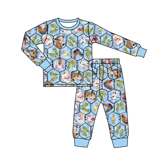 presale BLP0501 Corn Cow Sheep Animal Plaid Blue Long Sleeve Long Pants Pajama Set