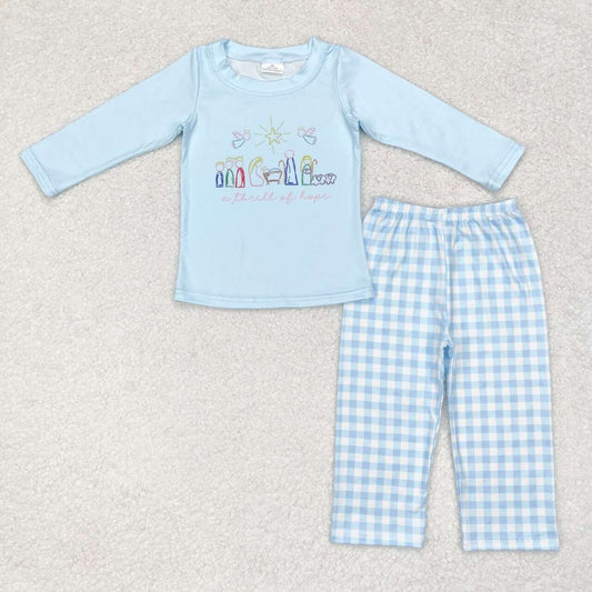 BLP0504 Jesus Blue Long Sleeve Plaid Pants Suit