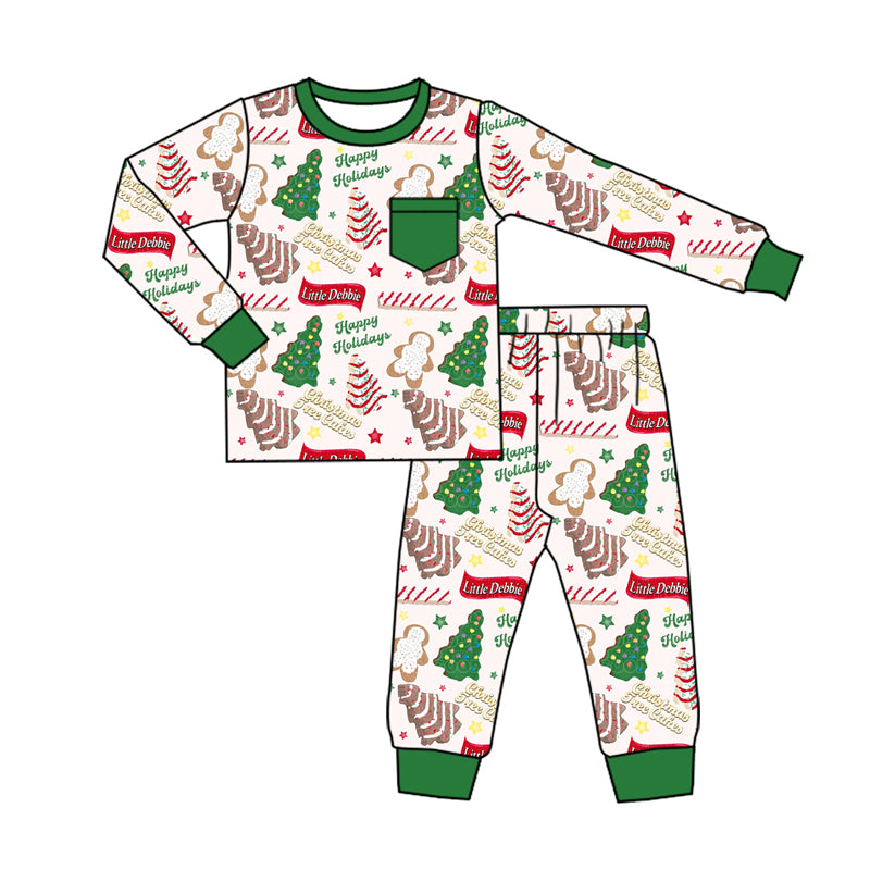 BLP0506 Christmas Tree Cookie Green Pocket Long Sleeve Long Pants Pajama Set