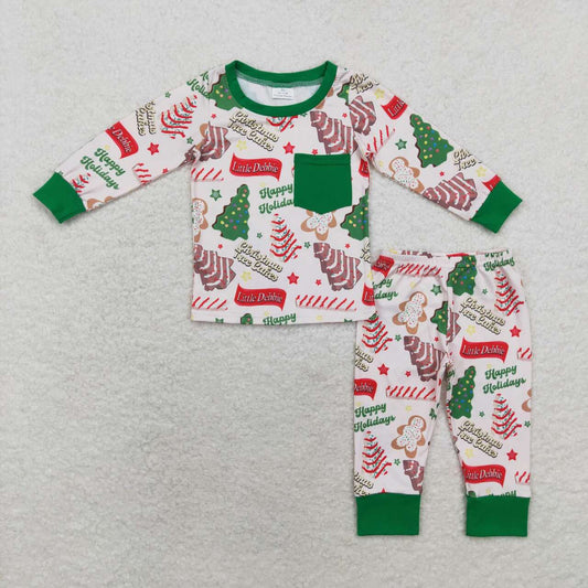 BLP0506 Christmas Tree Cookie Green Pocket Long Sleeve Long Pants Pajama Set