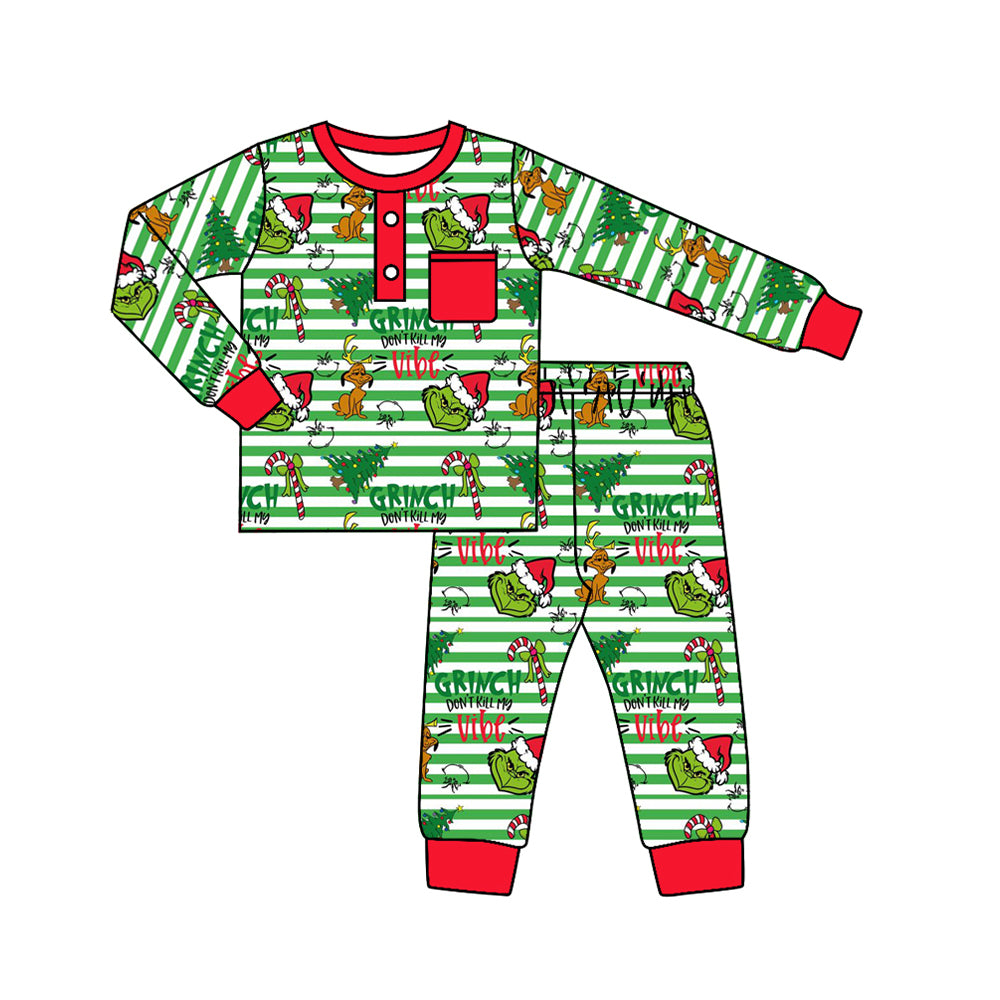 BLP0507 Christmas tree red pocket green striped long-sleeved trousers pajama set