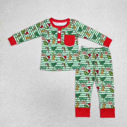 BLP0507 Christmas tree red pocket green striped long-sleeved trousers pajama set