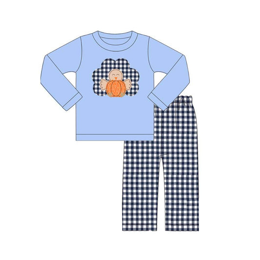 presale BLP0510 Pumpkin Turkey Plaid Blue Long Sleeve Pants Suit