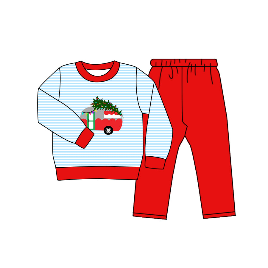 presale BLP0517 Christmas tree camper blue striped long sleeve red pants suit