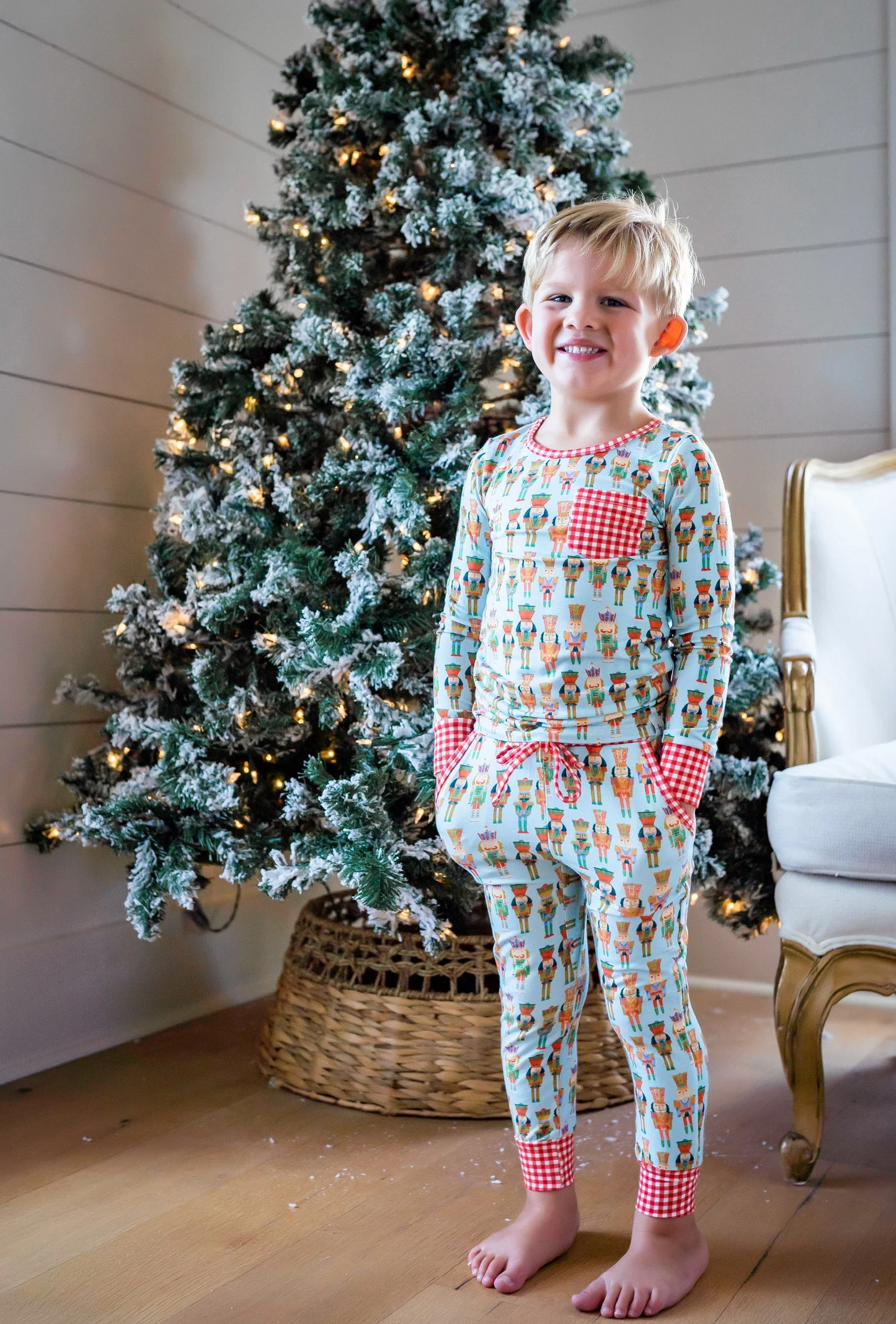 presale BLP0521 Christmas Nutcracker Plaid Pocket Blue Long Sleeve Pants Pajama Set