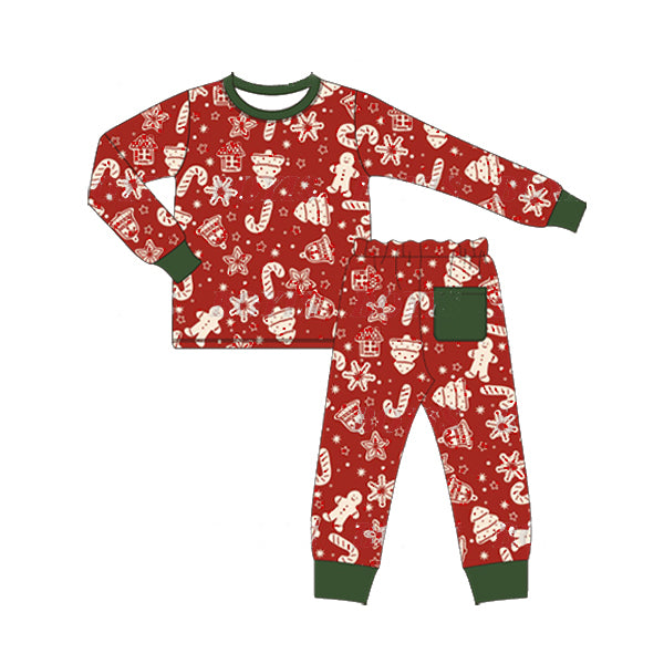 presale BLP0522 Christmas tree bell gingerbread man cane red long sleeve long pants pajama set