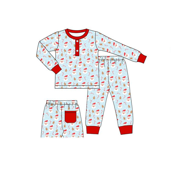 presale BLP0526 Santa Claus Cane Gingerbread Man Blue Long Sleeve Long Pants Pajama Set