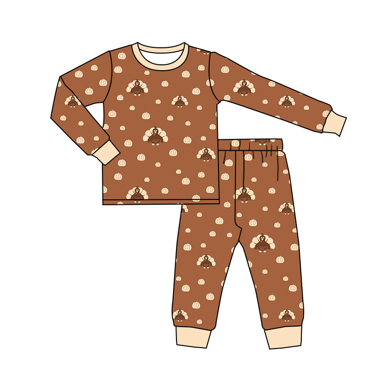 presale BLP0541 Turkey Pumpkin Brown Long Sleeve Long Pants Pajama Set