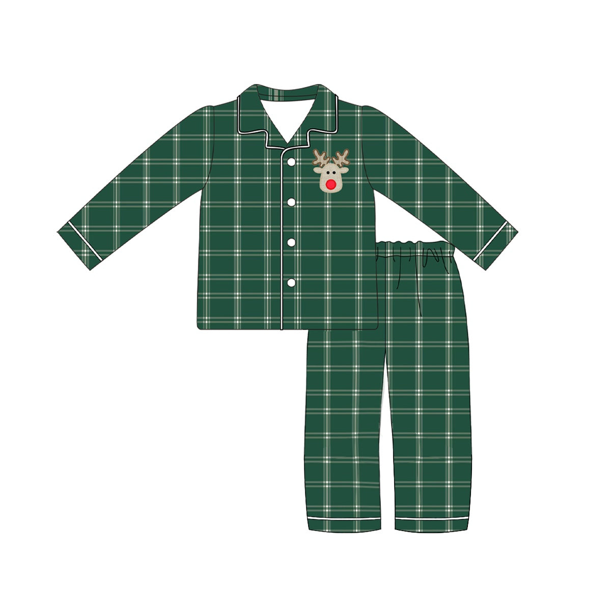 presale BLP0545 Christmas Reindeer Green Plaid Long Sleeve Long Pants Pajama Set