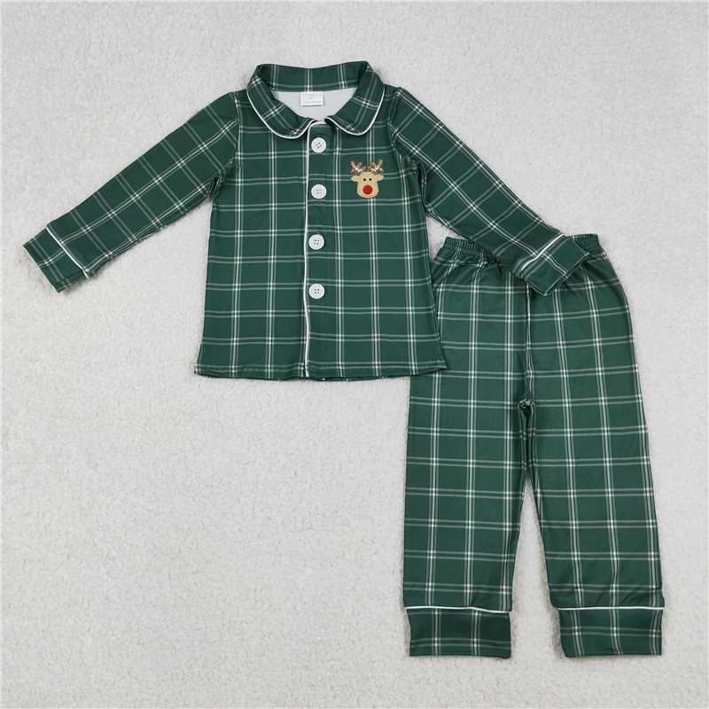 Embroidery Deer Mama and Me Green Checked Christmas Sleep Wear Pajamas Ruffle Dresses  D 927